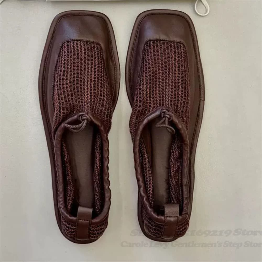 Casual Summer Breathable Mesh Shoes Retro Square Toe Leather Shoes for Men and Women One Foot Slip Loafers Trendy Ballet Shoes