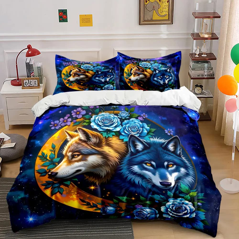 Set di biancheria da letto con stampa di lupi con fiori e cielo stellato, morbido e confortevole, include 1 copripiumino e 2 federe.