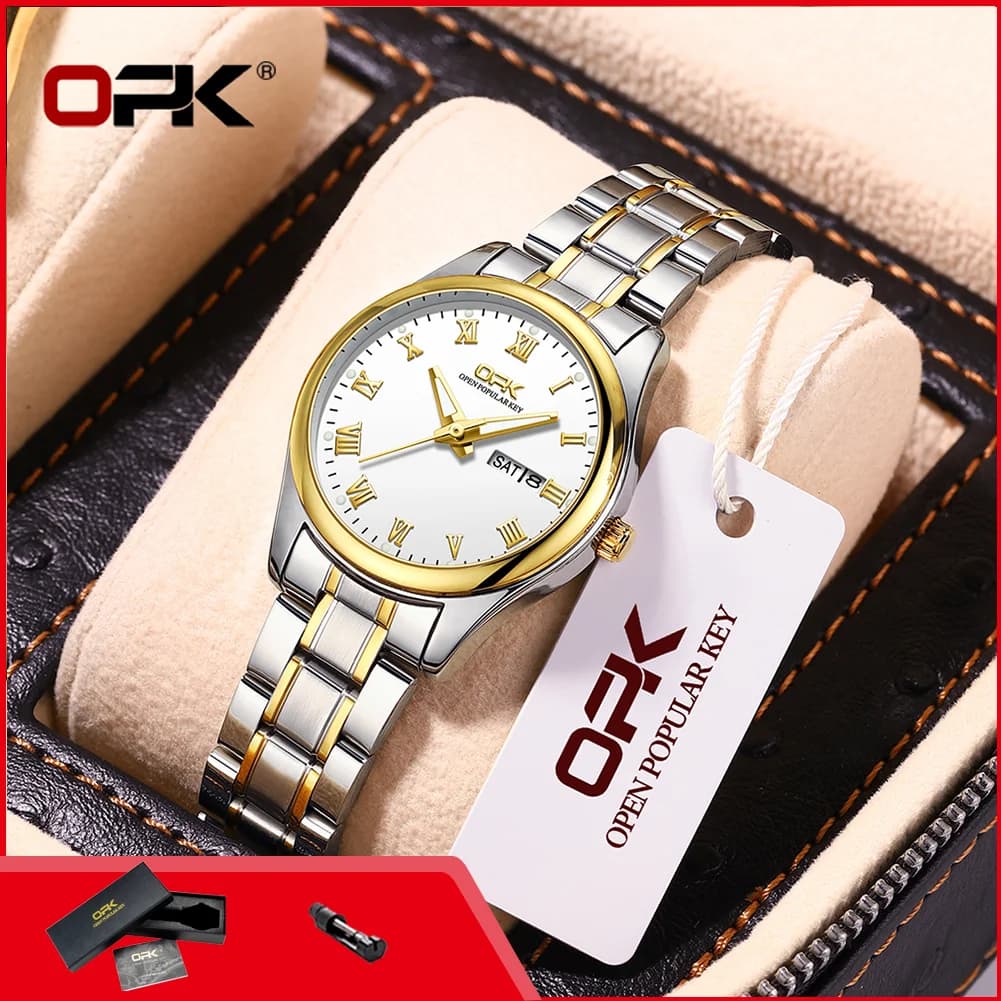 OPK 8121 Quartz Watch for Women Waterproof Dual Calendar Stainless Steel Luminous Elegant Luxury Ladies Wristwatch Reloj Mujer