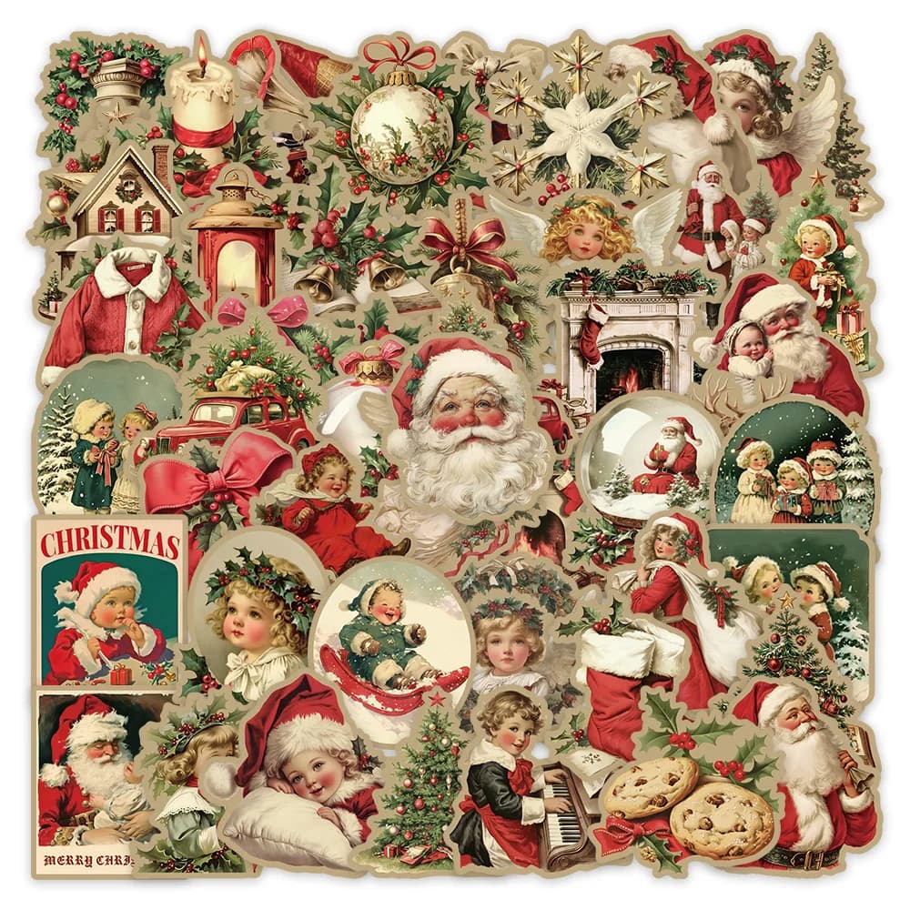 10/50pcs Vintage Cartoon Santa Claus Christmas Decoration Stickers Aesthetic for Kids Gift Toy DIY Laptop Luggage Phone Sticker