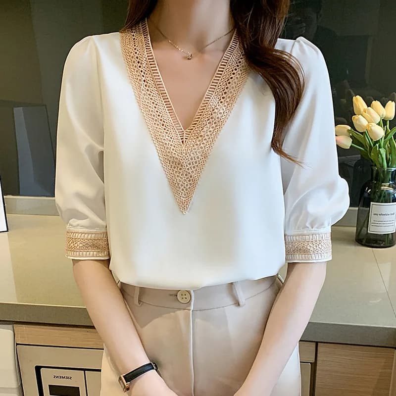 Camicetta di chiffon estiva moda donna scollo a V scava fuori splicing Top 2023 manica centrale camicie bianche Blusas femminili Mujer Nuovo 13367