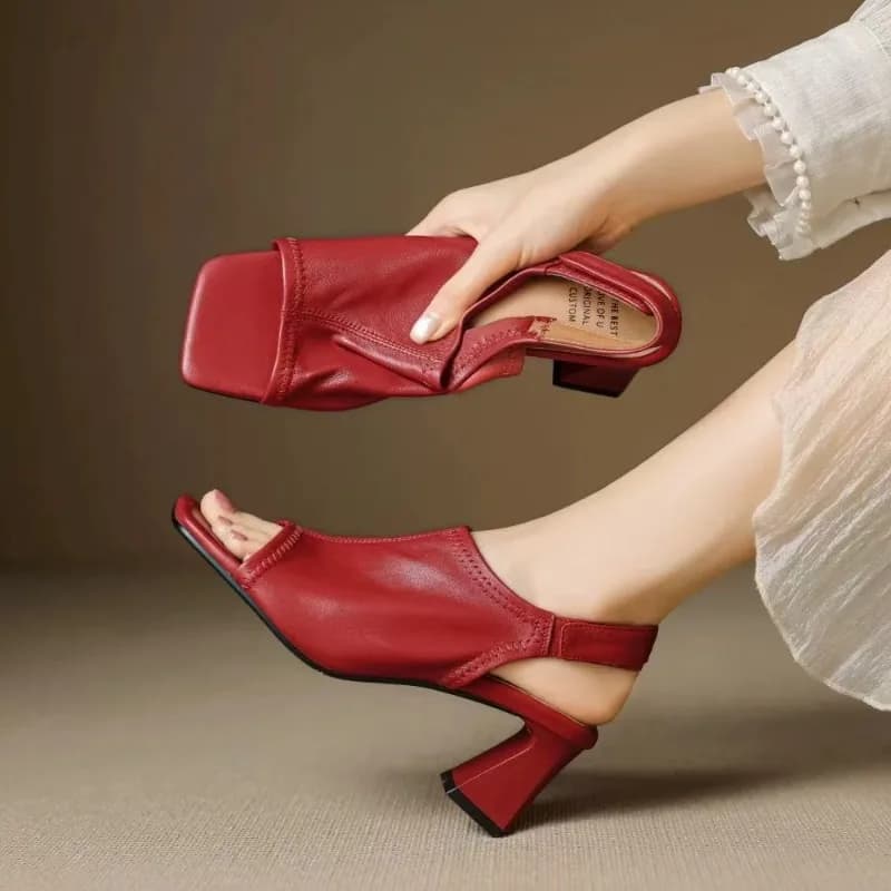 French Style Ultra Soft Leather Square Toe Roman Open Toe Sandals for Women 2026 New Style Temperament High Heels