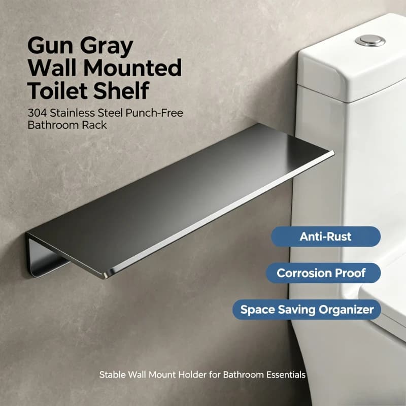 Gun Gray Wall Mounted Toilet Shelf, 304 Stainless Steel Rack – Punch-Free Bathroom Organizer, Anti-Rust Corrosion Proof Holder