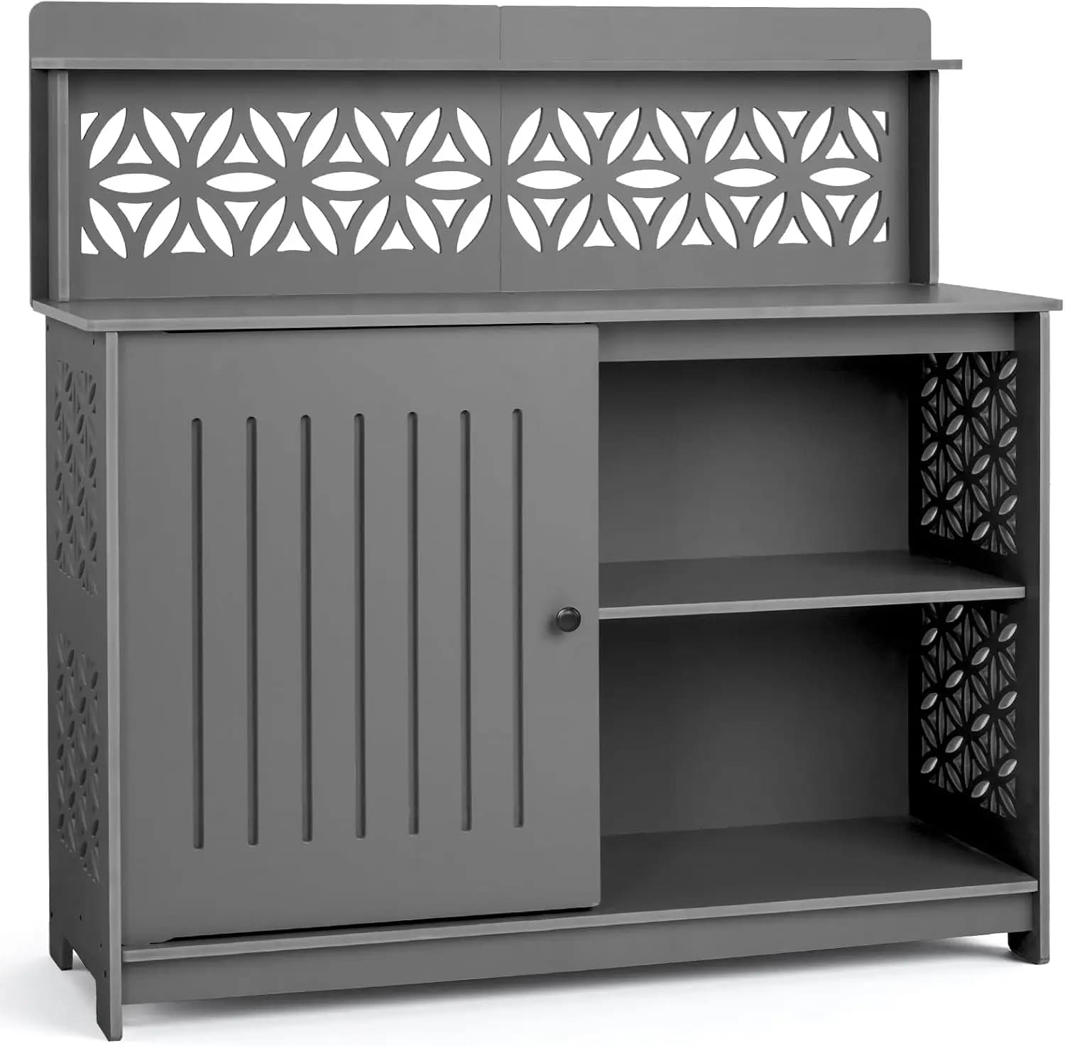 Premium Outdoor Storage Cabinet, Weatherproof Patio Sideboard Cabinet with Door and Open Shelves, Versatile Garden Yard Balcony Tool Organizer, Modern Geometric Cutout Style, Grey