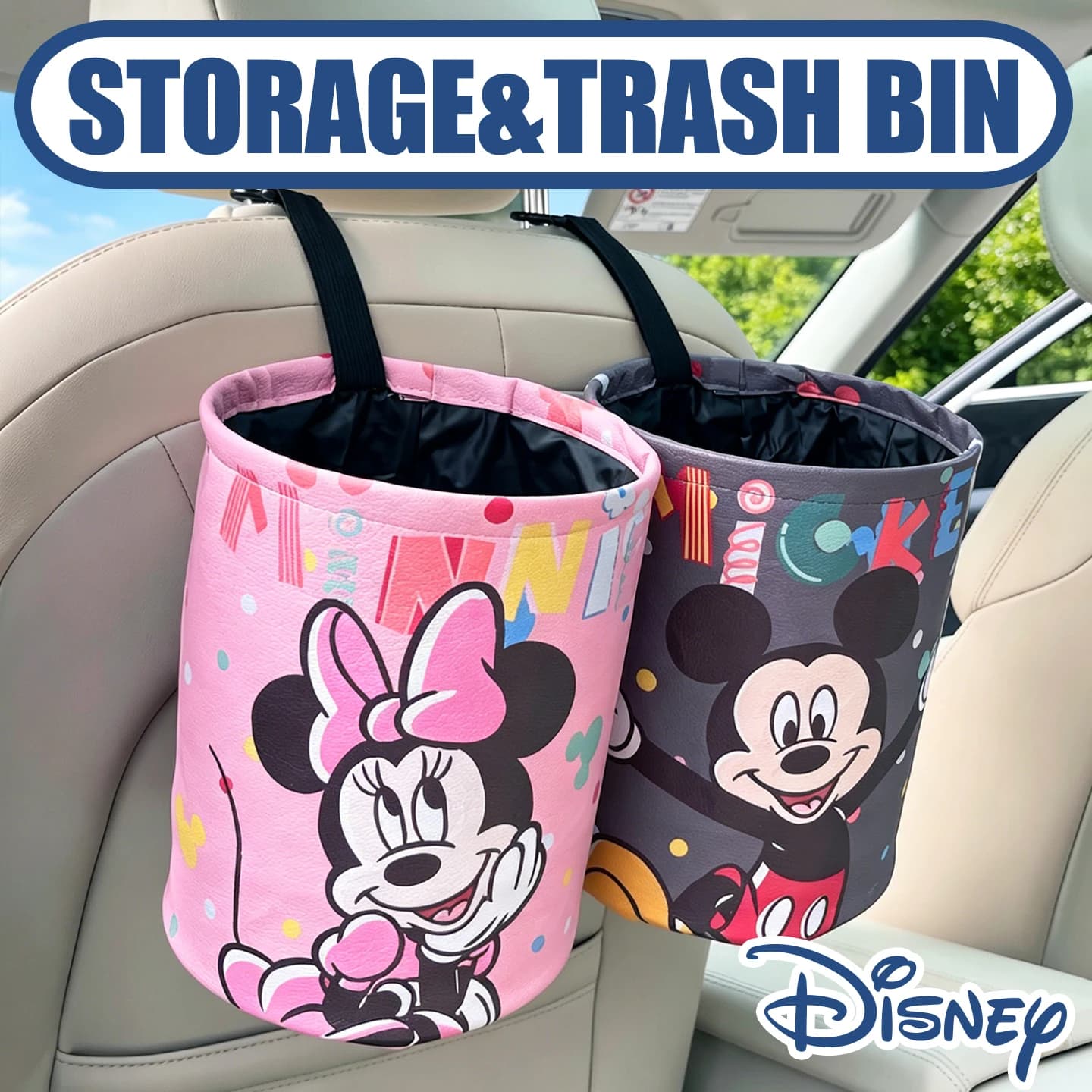 Disney Mickey Minnie Contenitore portaoggetti per auto, organizer da appendere al sedile posteriore, cestino per rifiuti, accessori interni pieghevoli, per risolvere l'ordine delle cose