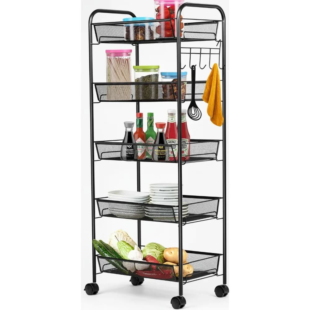 Carrello portaoggetti a 5 livelli con ruote bloccabili, ripiani e ganci in rete - Organizzatore per ufficio, cucina domestica