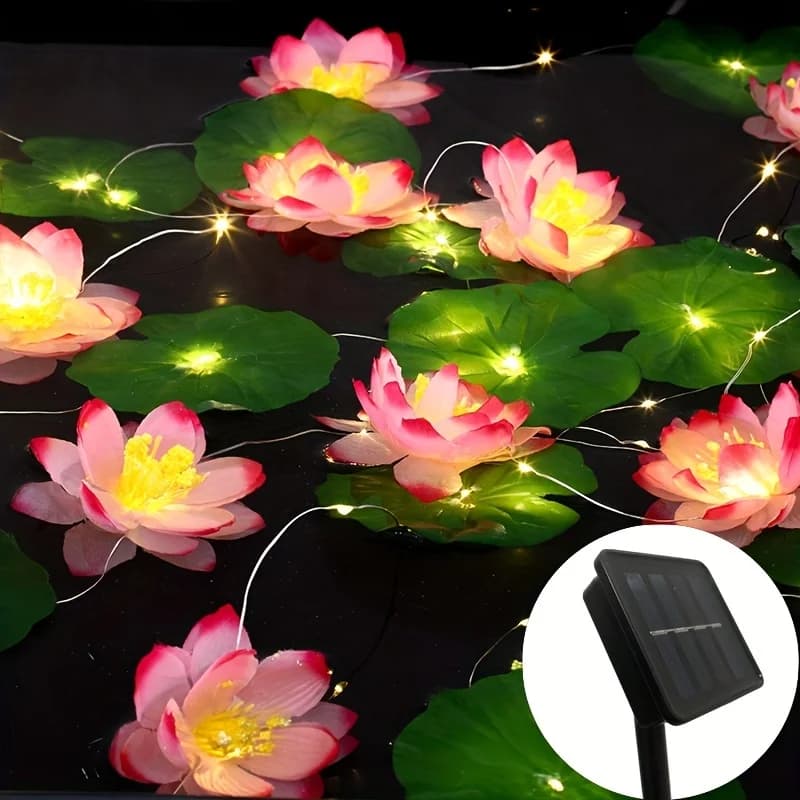 Luci a stringa solari in filo di rame per esterni 5M 50 LED con 12 fiori di loto e 12 foglie, impermeabili per laghetto, giardino, piscina, luci fatate