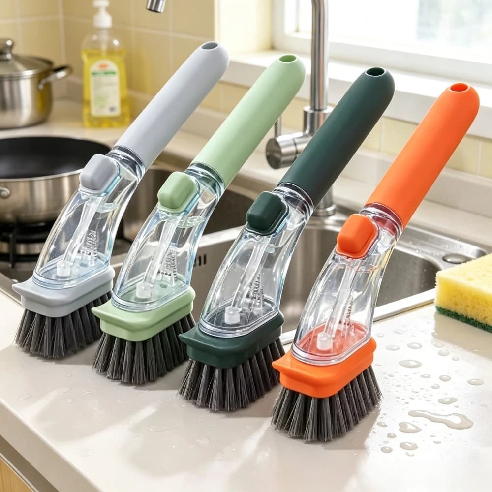 Refillable Liquid Dish Brush Long Handle Kitchen Scrubber Sponge with Soap Dispenser for Bowls Pots Pans Sink Cleaning Tool