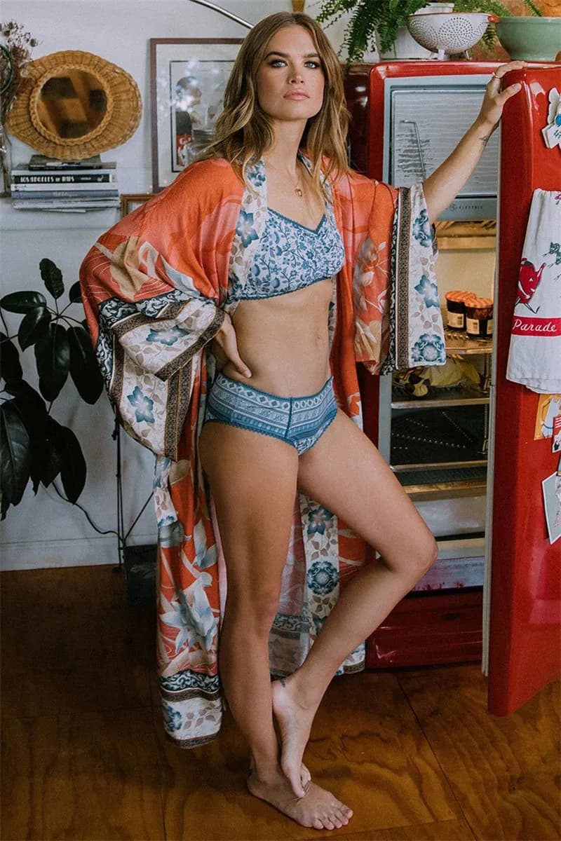 Sexy Cardigan Long Sleeved Kimono Swimwear for Women Swimwear with Red Print Cover Up With Belt