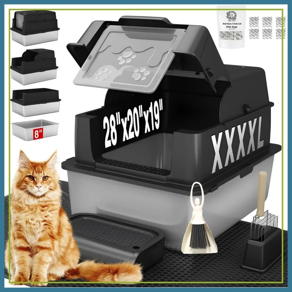 Lettiera per gatti in acciaio inossidabile con coperchio, 28"L x 20"W x 19"H extra large per gatti di grossa taglia, antiaderente e a prova di perdite