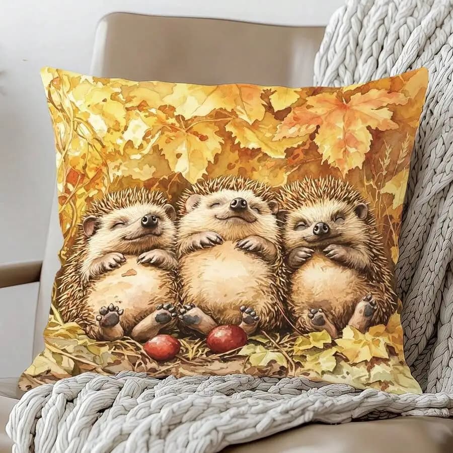 Autumn Hedgehog Printed Pillow Cover Polyester Peachskin 45x45cm Decorative Throw Cushion For Living Room Sofa