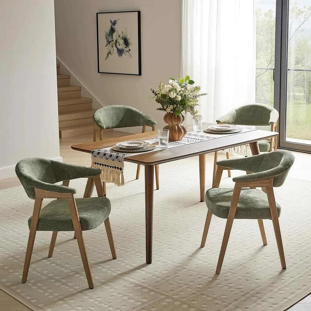 Set di 4 sedie da pranzo imbottite verdi con braccioli, schienali curvi e gambe in legno per cucina o soggiorno - Verde muschio