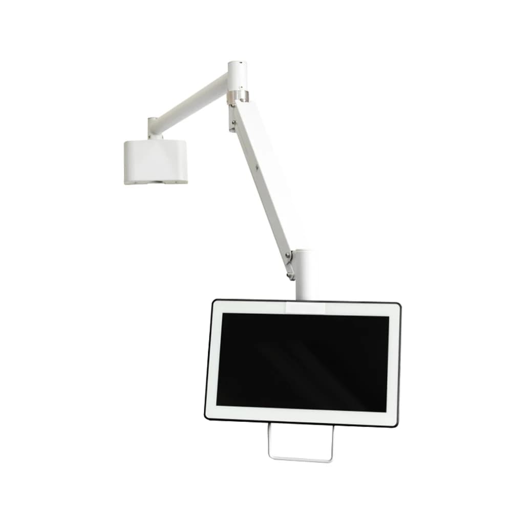Supporto da parete per tablet con maniglia e opzioni di regolazione orizzontale, inclinazione e rotazione, per monitor con un peso inferiore a 4 kg.