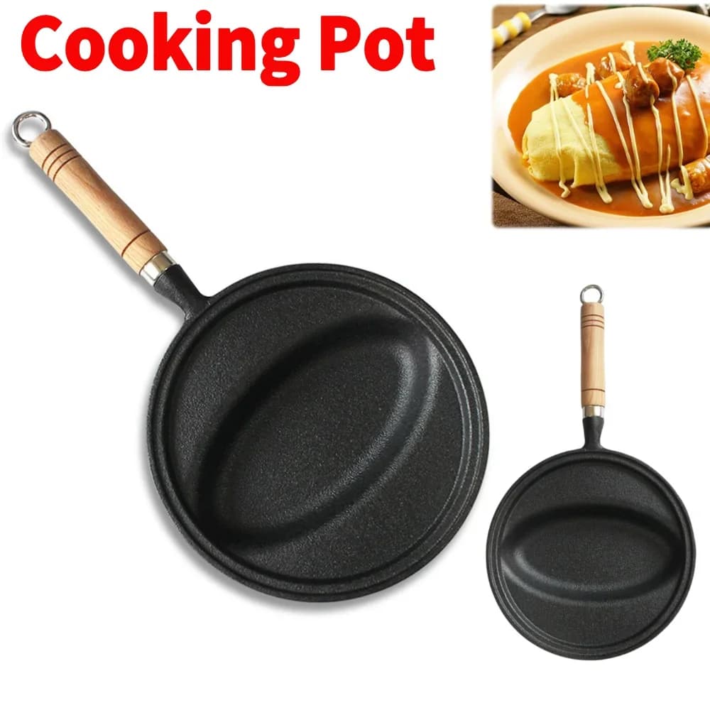 Padella in Ghisa con Manico in Legno, Pentola per Omurice, Stampo Antiaderente per Pancake, Padella Anti-scottatura per Cucina Domestica