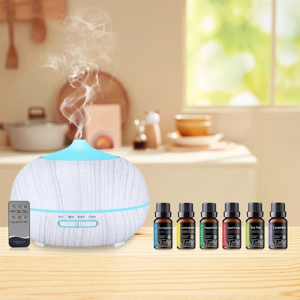 Diffusore di oli essenziali con venature del legno con telecomando a LED a 7 colori (550 ml) Umidificatore ad ultrasuoni con 6 oli essenziali