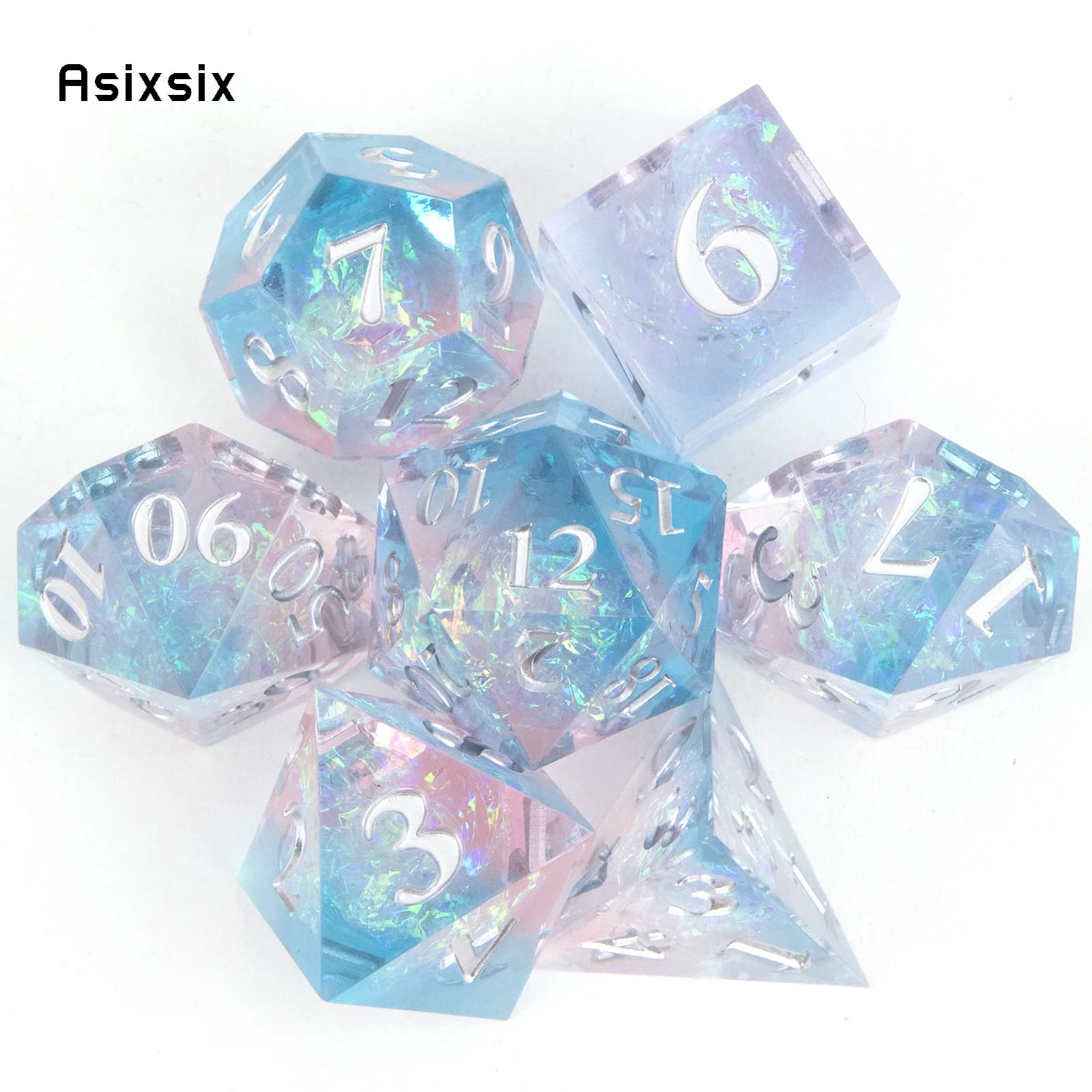 Set di 7 Dadi Poliedrici in Resina Trasparente Blu con Numeri Bianchi e Bordi Affilati, Adatti per Giochi di Ruolo e da Tavolo