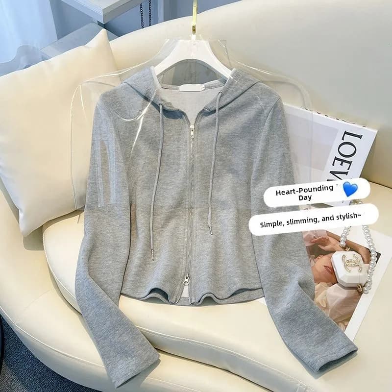 Giacca corta da donna in stile autunnale, con doppia cerniera e cappuccio, versatile, snellente, versione coreana, abbigliamento casual alla moda