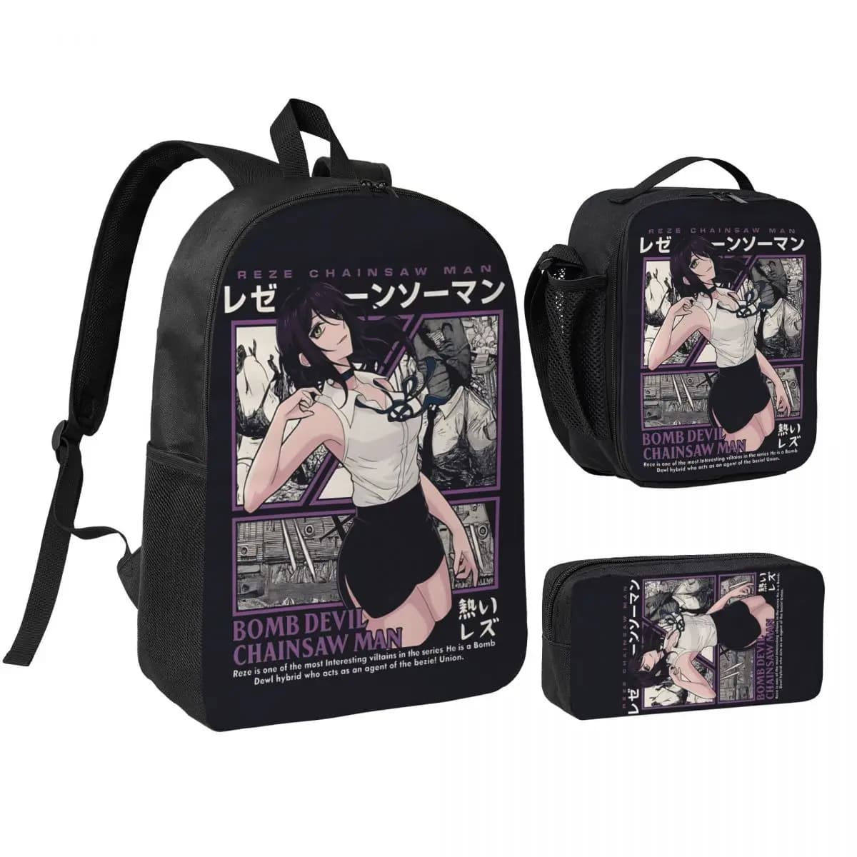 3pecs/set Reze Chainsaw Man Anime Zaino per studente Ritorno a scuola Borse di tela per scuola superiore Borsa per il pranzo Astuccio