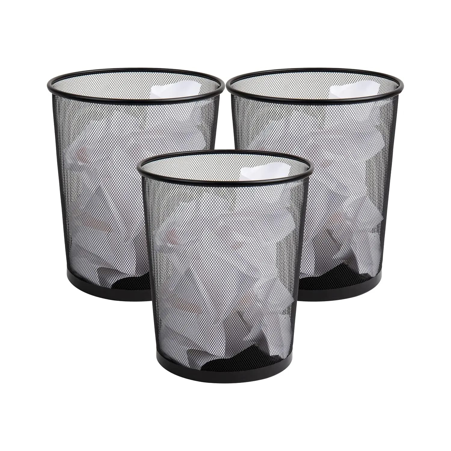 Set di 3 cestini rotondi in rete metallica, neri, cestino per carta da ufficio, 11,5" L x 11,5" L x 13,75" H