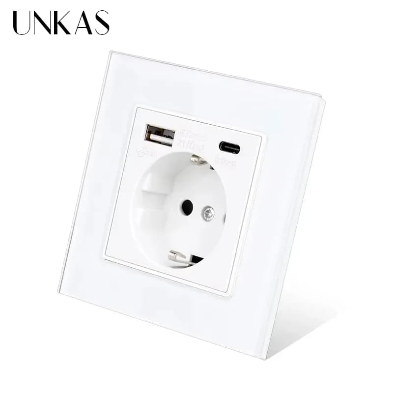 UNKAS Type-C USB Tempered Glass Panel Grey EU / Spain / Russia Wall Power Socket Grounded with Fast Charger Outlet Save Child