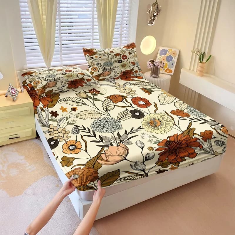 3Pcs Fitted Sheet Set,American Retro Floral Trendy Print,Elastic Wrap Bedding,Breathable Machine Washable,Perfect For Autumn