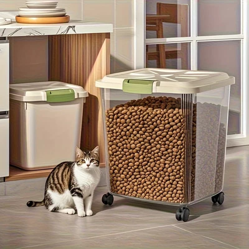Sealed container for pet food with wheels and spoon, transparent box for food for dogs, cats and birds, 2 sizes available