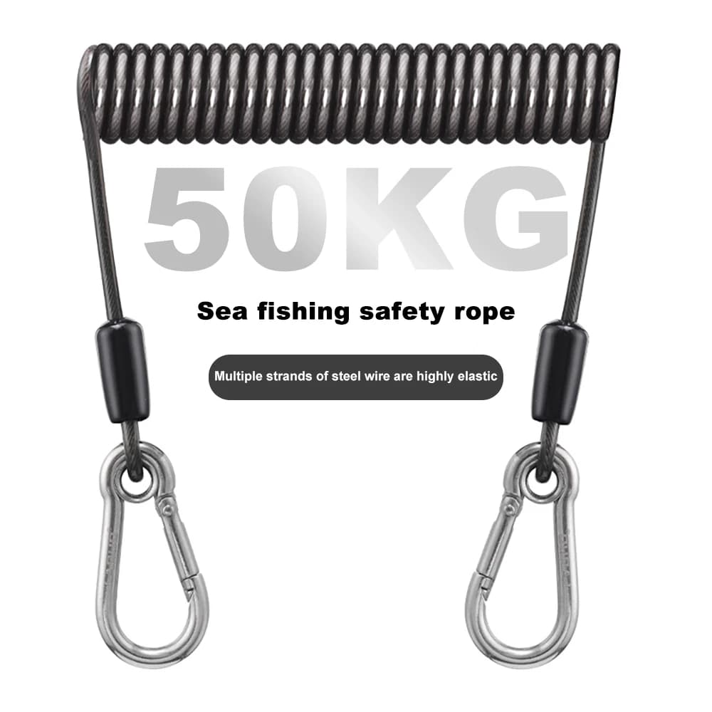 Cavo di Sicurezza per Pesca in Acciaio Inox 304 da 1,2m/2m/3m, Cordino Elastico Anti-Smarrimento per Pesca in Barca/Surf con Moschettone