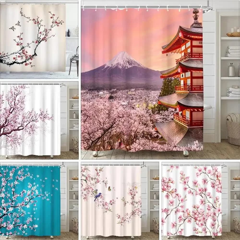 Shower Curtains with Pink Flowers Sakura Japanese Cherry Blossoms Rustic Floral Tree Garden Landscape Print Fabric Decorations For Bathroom