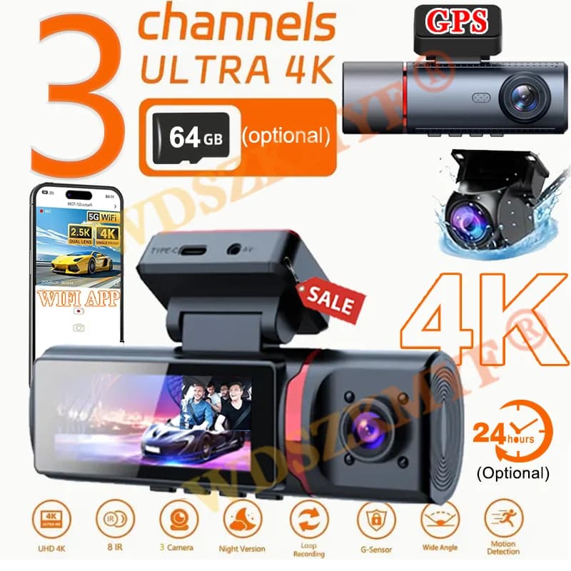 UHD 4K Dash Cam 3 Obiettivo Registratore di Guida Auto DVR 1080P Obiettivo Posteriore Telecamera WiFi Integrato GPS Monitoraggio Parcheggio 24 Ore Scatola Nera