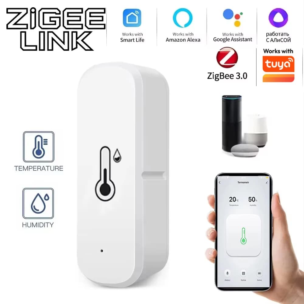 Zigbee 3.0 Temperature & Humidity Sensor Indoor Smart Home Monitor App Alerts Voice Control Via Alexa Google Home for Tuya Smart