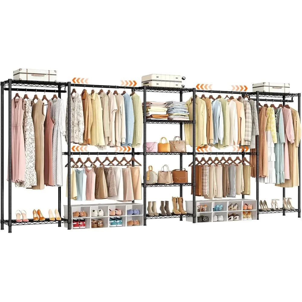 Expandable Heavy-Duty Garment Rack with 9 Shelves and 6 Hanging Bars, 1350 lbs Capacity, Black Portable Closet Organizer