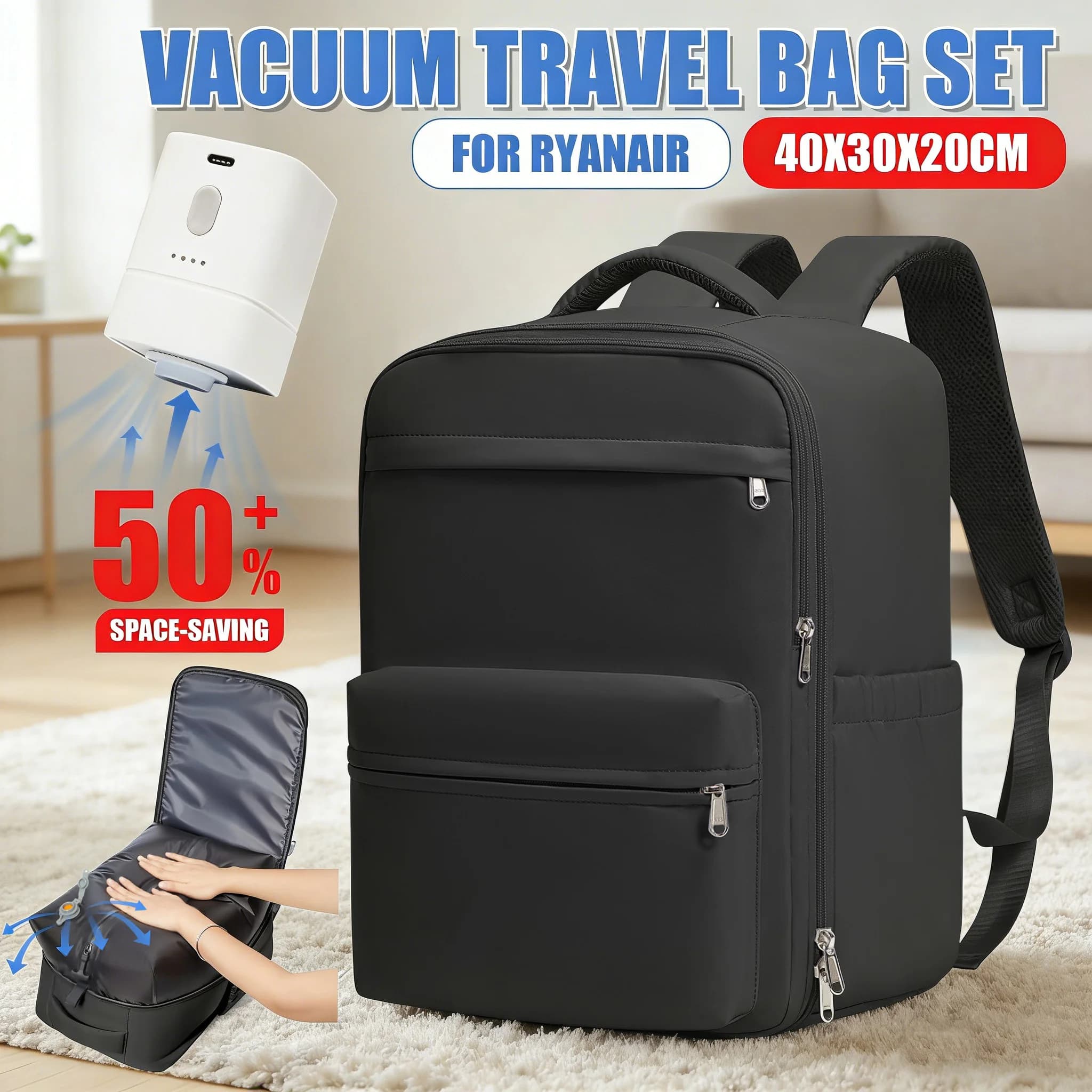 Zaino da viaggio Ryanair 40x30x20, zaino a compressione sottovuoto con pompa per vuoto, borsa da cabina Wizzair, zaino scolastico