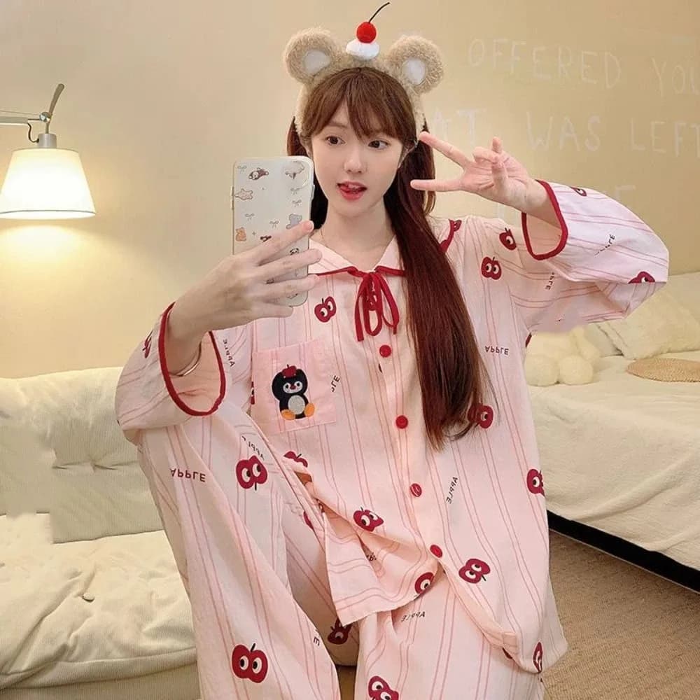 Pigiama a righe con colletto ribaltabile alla moda Set Pigiama a maniche lunghe con pinguino per cani Abbigliamento da casa Indumenti da notte larghi in due pezzi da donna