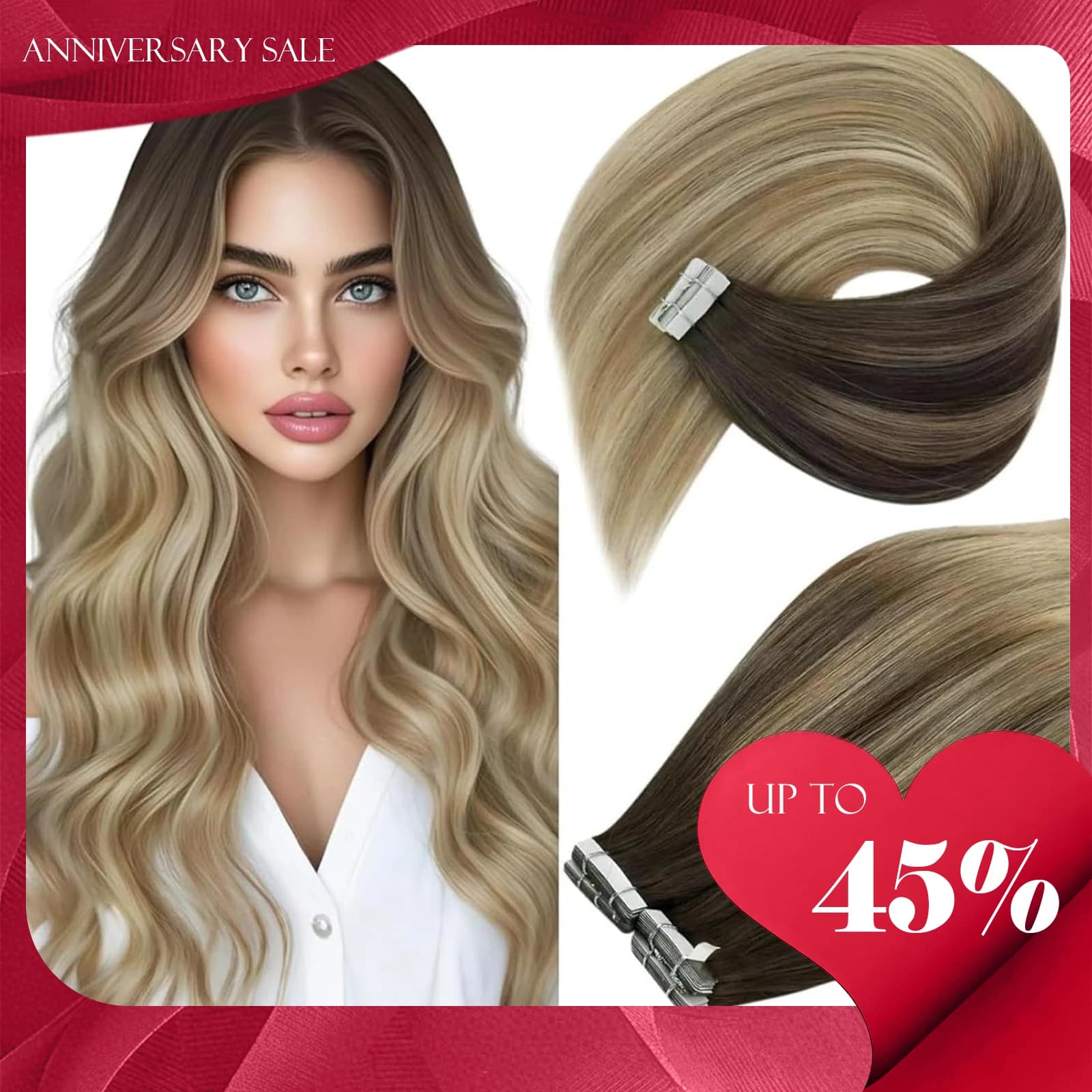 Extension per capelli VeSunny con nastro adesivo, in vero capello umano, colore Balayage, trama invisibile, lisci, senza cuciture, Remy
