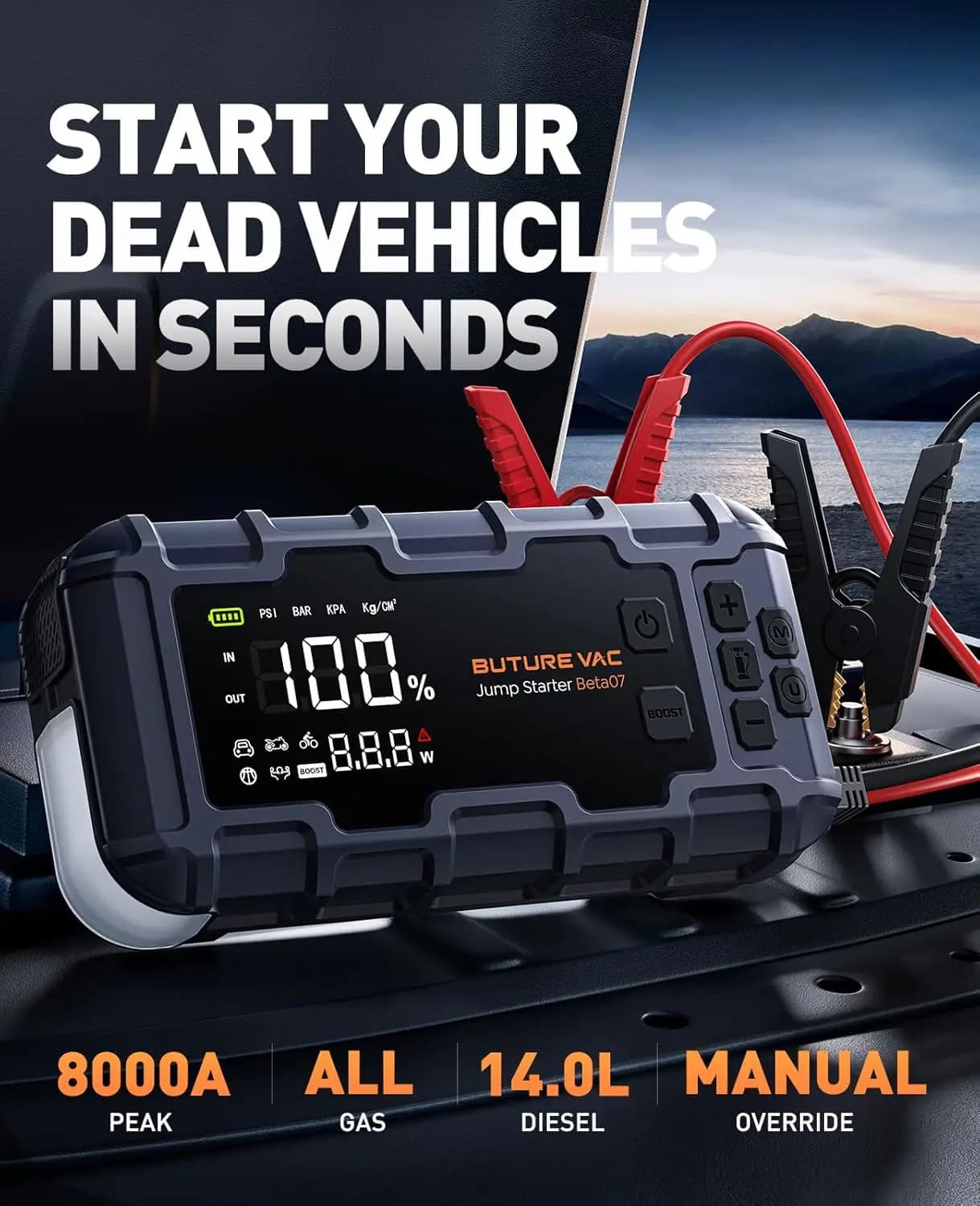 Portable 10-in-1 Car Battery Jump Starter with Air Compressor 8000A 160PSI 45W Charger, Jump Starter Jump Box (All Gas 14L Diese