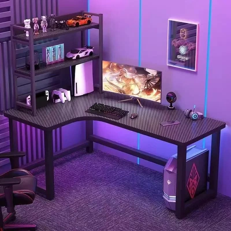 Corner Gaming Table Computer Desk Double Desktop with Bookshelf for Bedroom Home Office Study Workstation