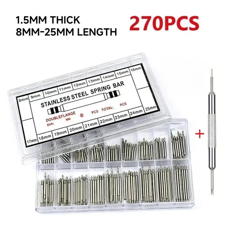 270pcs Stainless Steel Spring Bars Set Diameter 1.5mm Length 8mm-25mm Watchband Strap Belt Repair Tools Pins for Watchmakers