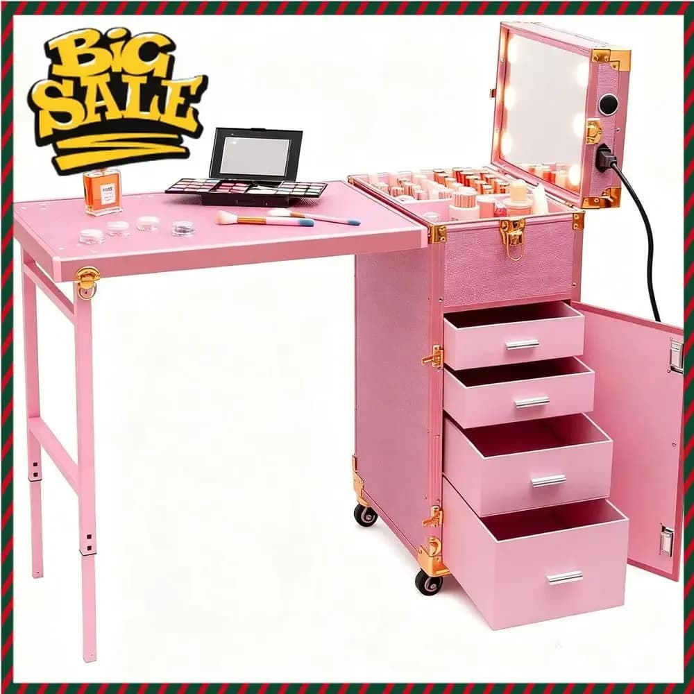 Stazione Manicure Portatile con Luce LED a 3 Colori e Altoparlante Bluetooth, Scrivania per Tecnico delle Unghie da Viaggio in Rosa