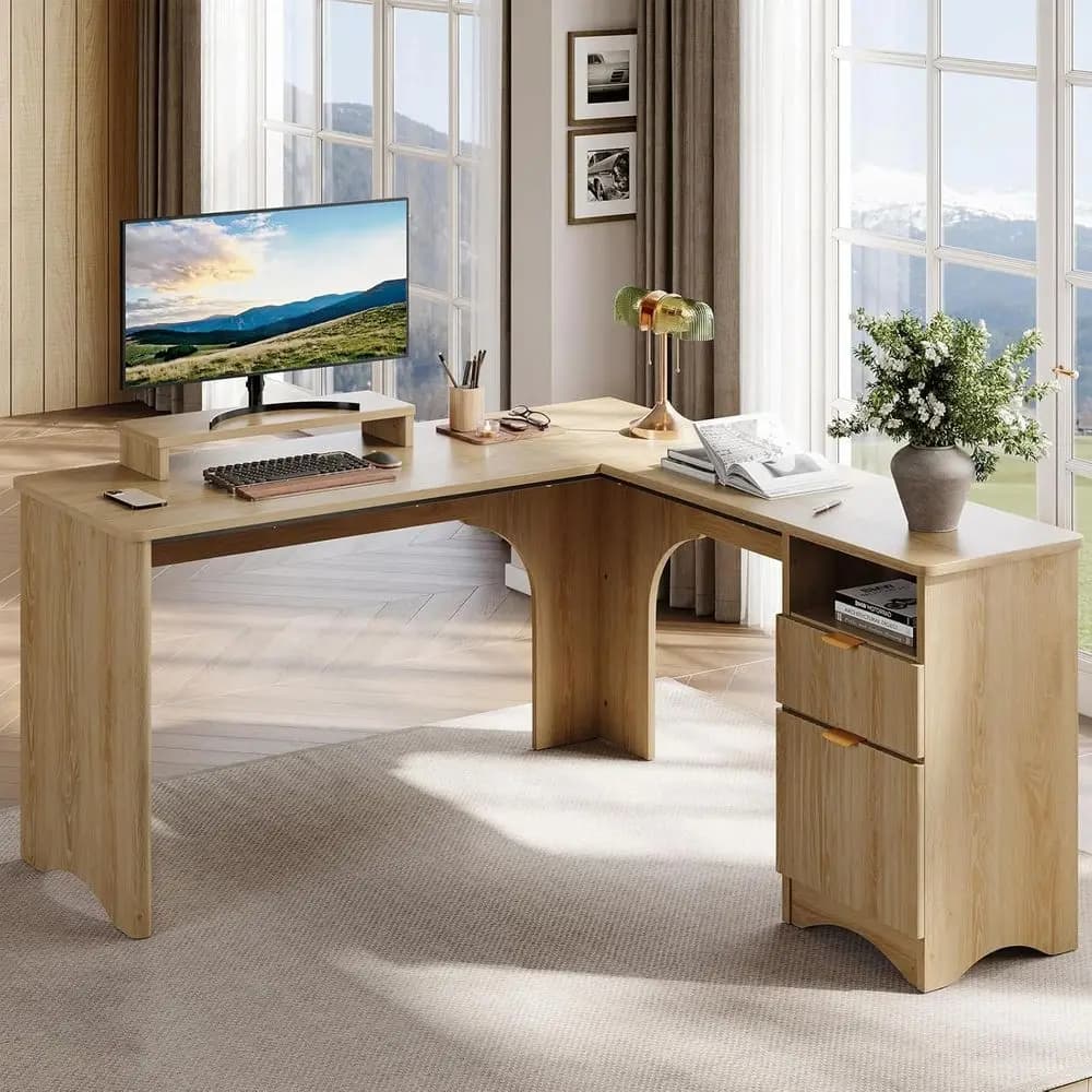 Scrivania per computer a forma di L in rovere naturale, 55,7 x 55 con supporto per monitor e angoli arrotondati per l'home office