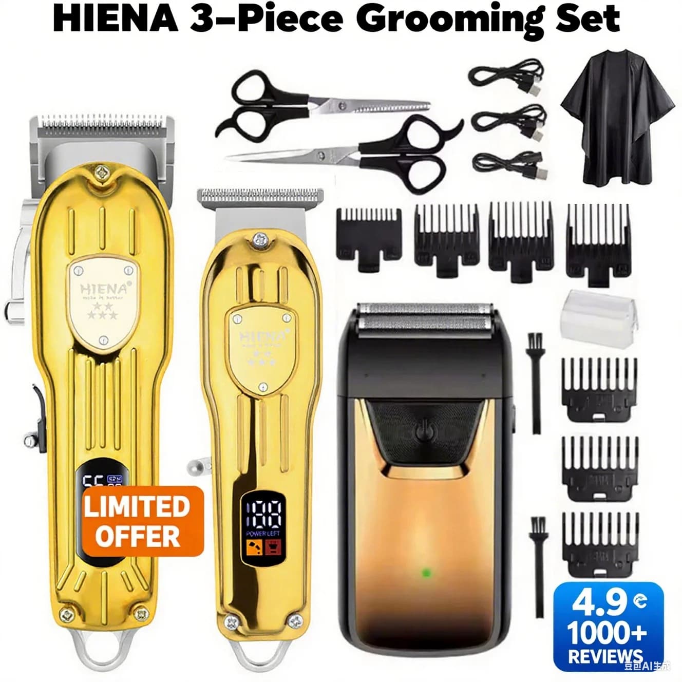 Macchina per capelli HIENA 3 in1/1pc Kit per toelettatura taglio capelli Tagliacapelli professionale e set rasoio Taglio barba senza fili per uomo