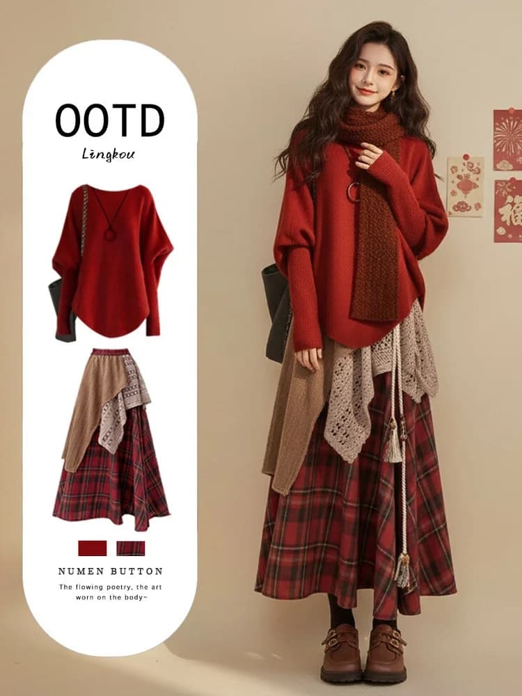 Anti-Aging Autumn Winter Knitted Sweater And Plaid Skirt Set for Women Stylish Slimming Red Color Versatile New Year Outfit