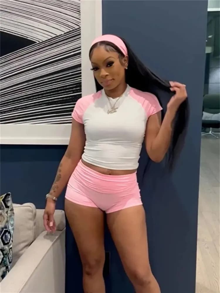 Leosoxs Sporty Patchwork Set of 3 Pieces Woman Casual Summer Charm + Crop Top + High Life Bike Shorts Matched Roadsuit