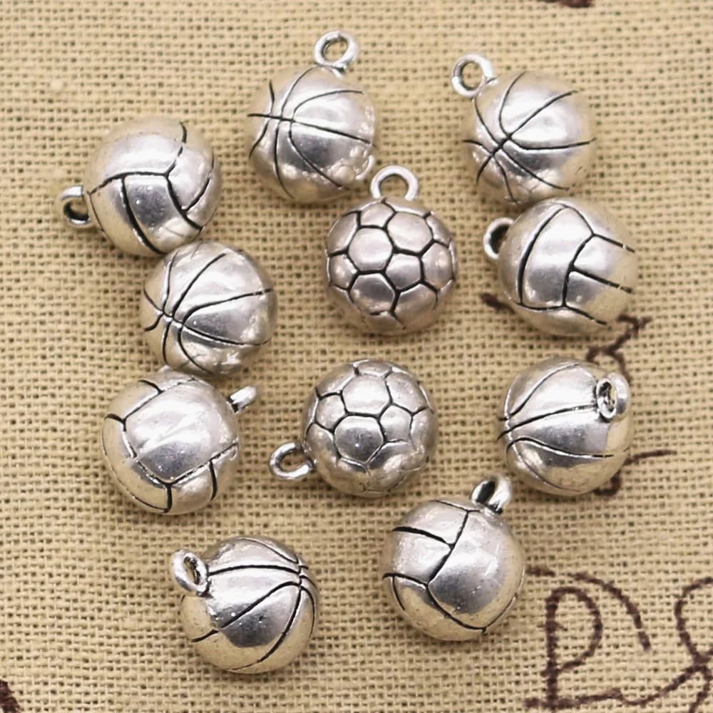 5 pezzi Charms 3D calcio pallavolo pallacanestro 15x11x11mm pendente che si adatta, bronzo tibetano Vintage, risultati gioielli fai da te
