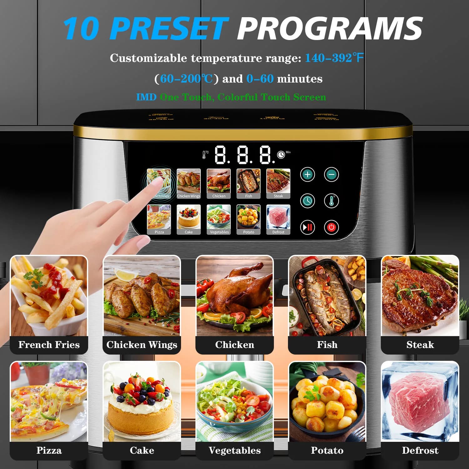Friggitrice ad Aria Elettrica Senza Olio da 10L, Nuovo Stile Classico Quadrato, 10-in-1 con Schermo LCD Touch, in Acciaio Inossidabile, per Cucina Sana Domestica