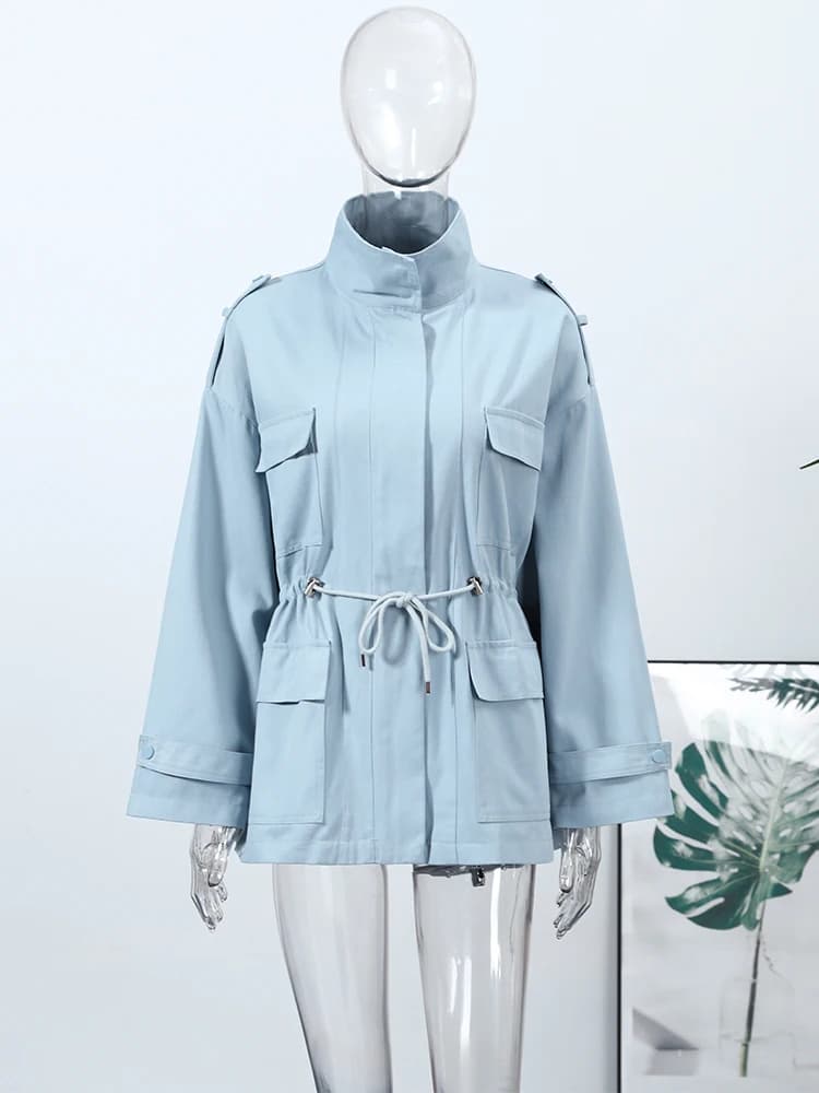 Cappotto Donna Primavera 2026 con Cintura, Tasche, Maniche Lunghe, Collo Alto, Giacca da Ufficio, Tinta Unita, Casual, Streetwear, per il Pendolarismo