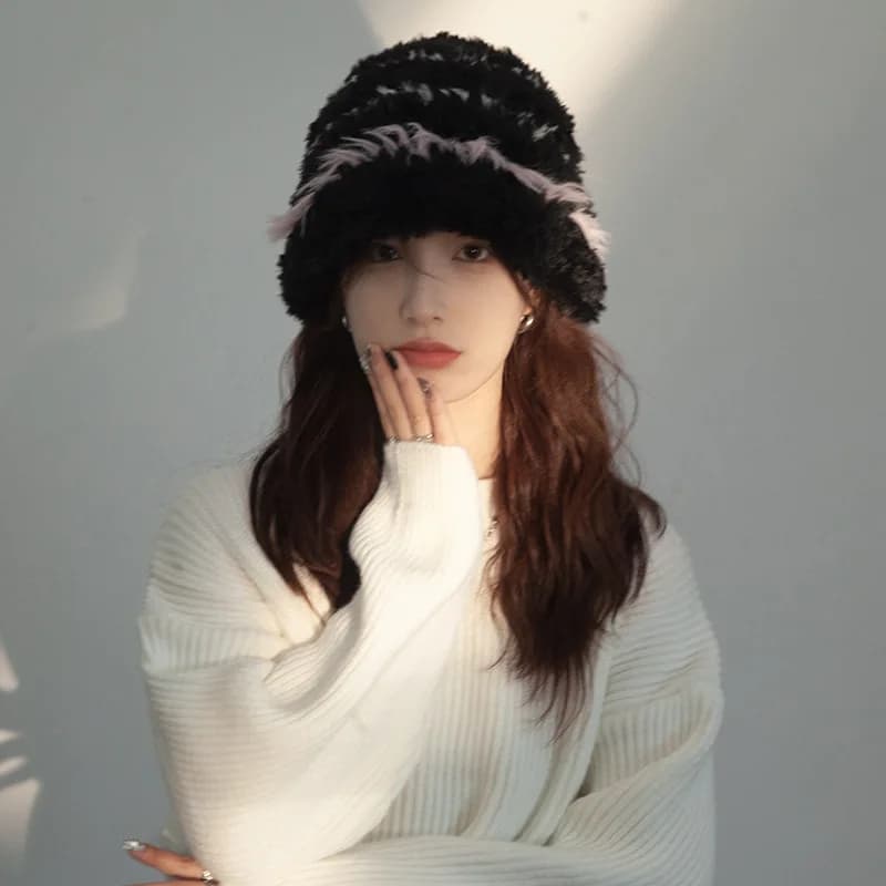 Cappello da pescatore sfocato - Berretto lavorato a maglia di lana di coniglio colorato da donna, berretto invernale caldo e slouchy per testa grande