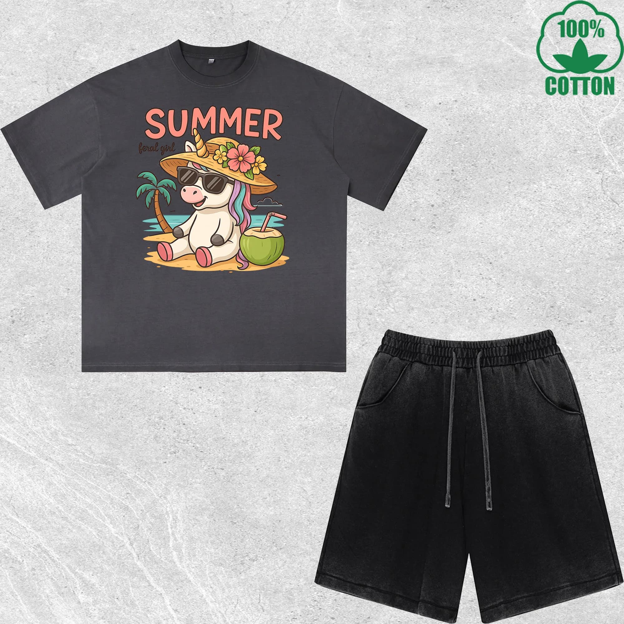 Set Estivo T-Shirt e Pantaloncini con Stampa Feral Girl, Effetto Lavato, Multicolore, Combinazione Trendy e Alla Moda, 100% Cotone