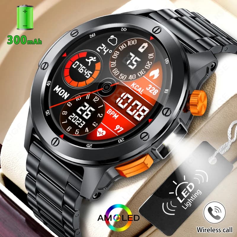 LIGE Fashion Smart Watch for Men Voice Assistant Bluetooth Heart Rate Monitor IP68 Waterproof LED Flashlight for Men SmartWatch