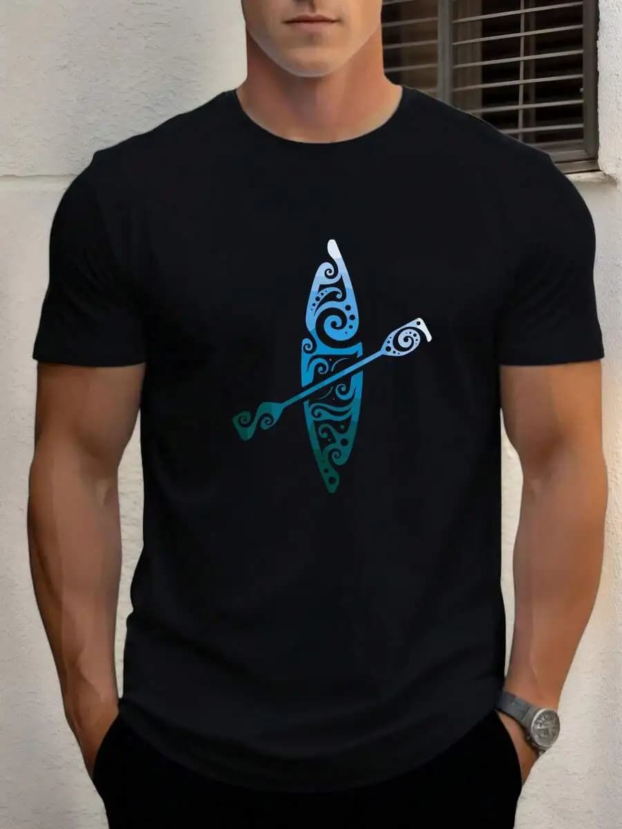 T-shirt grafica da uomo con pagaia da kayak, a maniche corte, girocollo, casual, in poliestere, per sport all'aria aperta