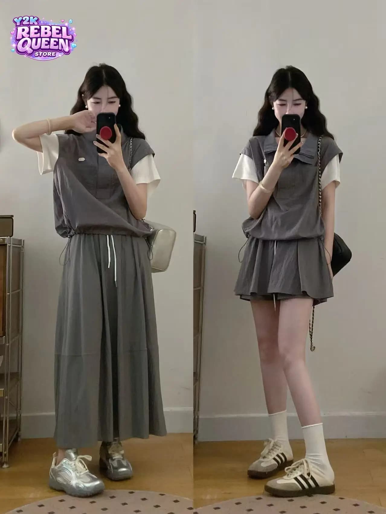 Gray Y2K Streetwear Casual Plus Size Women 2 Piece Skirt Set Quick Dry Drawstring Waist Layered Top Slim Fit Dress Casual Daily